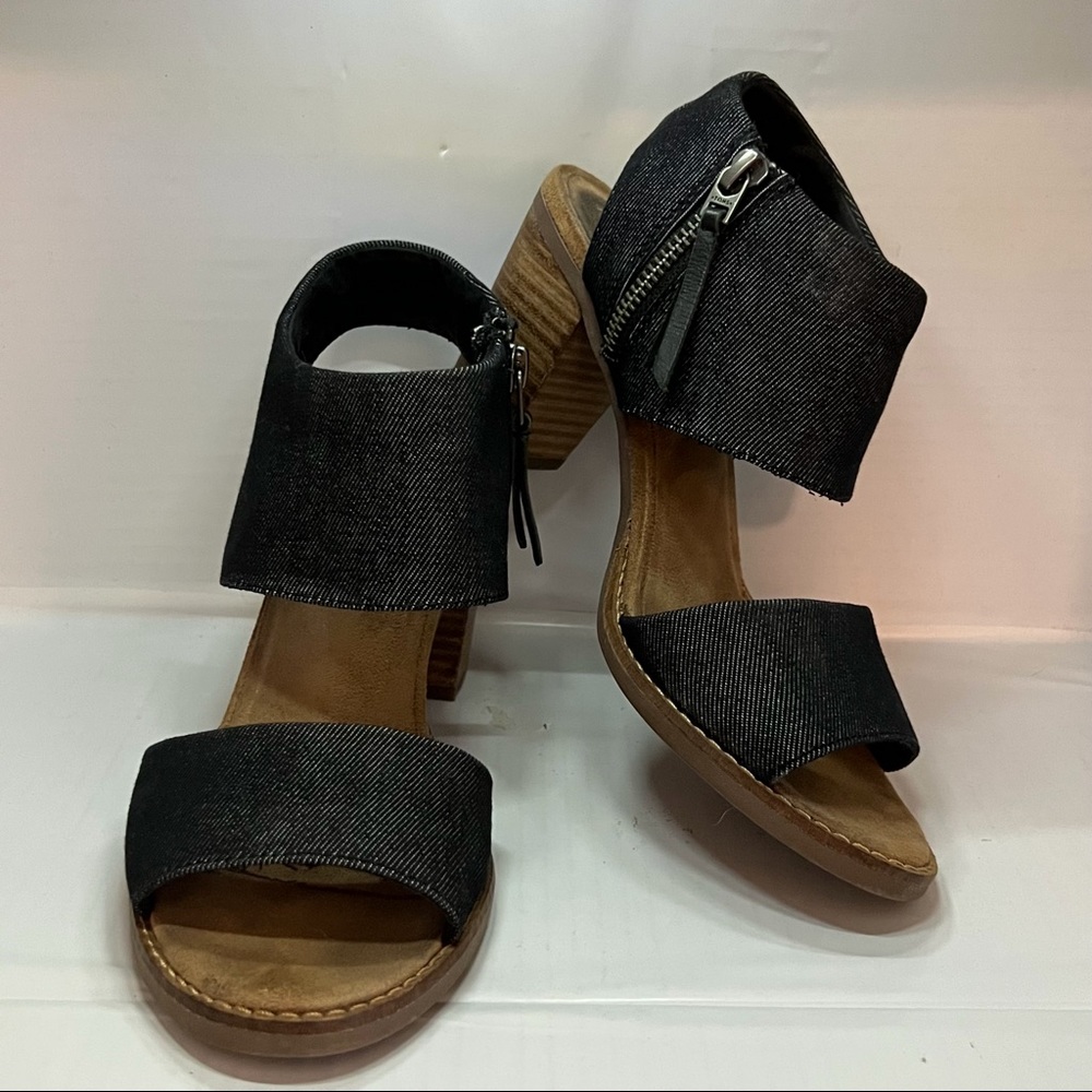 Toms Majorca Black Denim Cutout Block Heels Sandals Womens Ladies 7